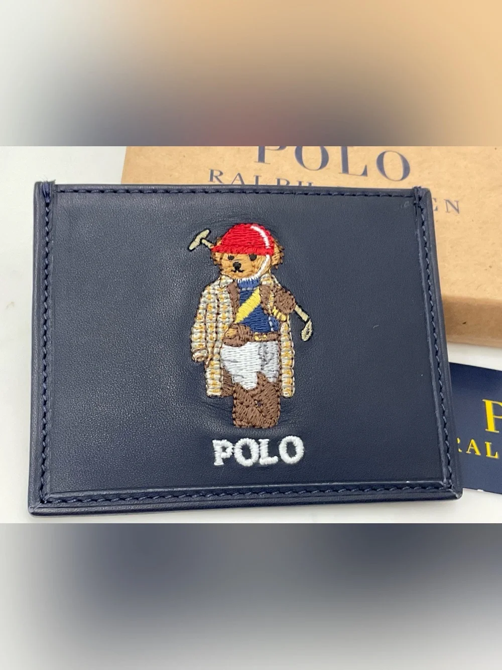 NEW Polo Ralph Lauren POLO PLAYER BEAR Leather Slim Card Case Wallet - NAVY BLUE